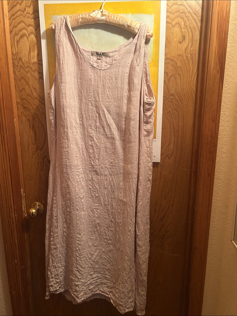 FLAX Light Pink Linen Midi twist sleeve Dress size Large 23”across and 49” long